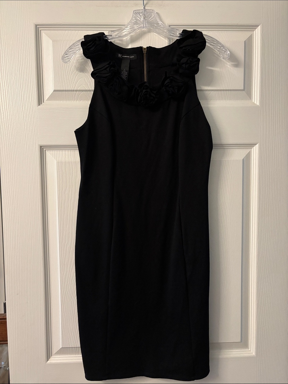 INC International Concepts Black Sleeveless Midi Dress with Rosette Neckline